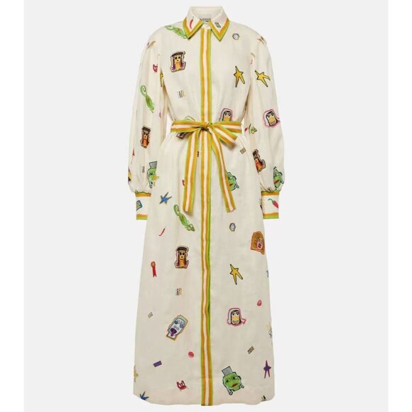 NWOT ALEMAIS Linen Embroidered Maxi Shirt Dress US 12 Belt Pocket Long Sleeve